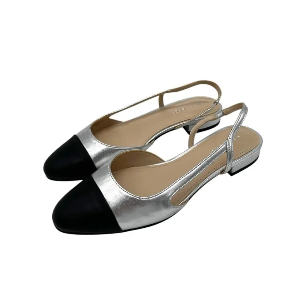 Marc Fisher Dela Slingback Flats Cap Toe Metallic Silver Black - Size 7M